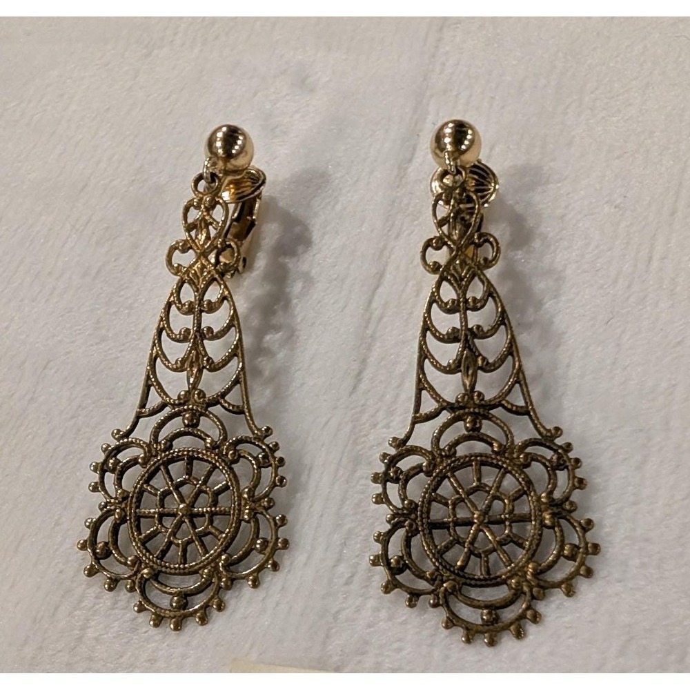 Winard Vintage 1/20 14K Gold Filled Filigree Clip On Drop Earrings Gold Tone